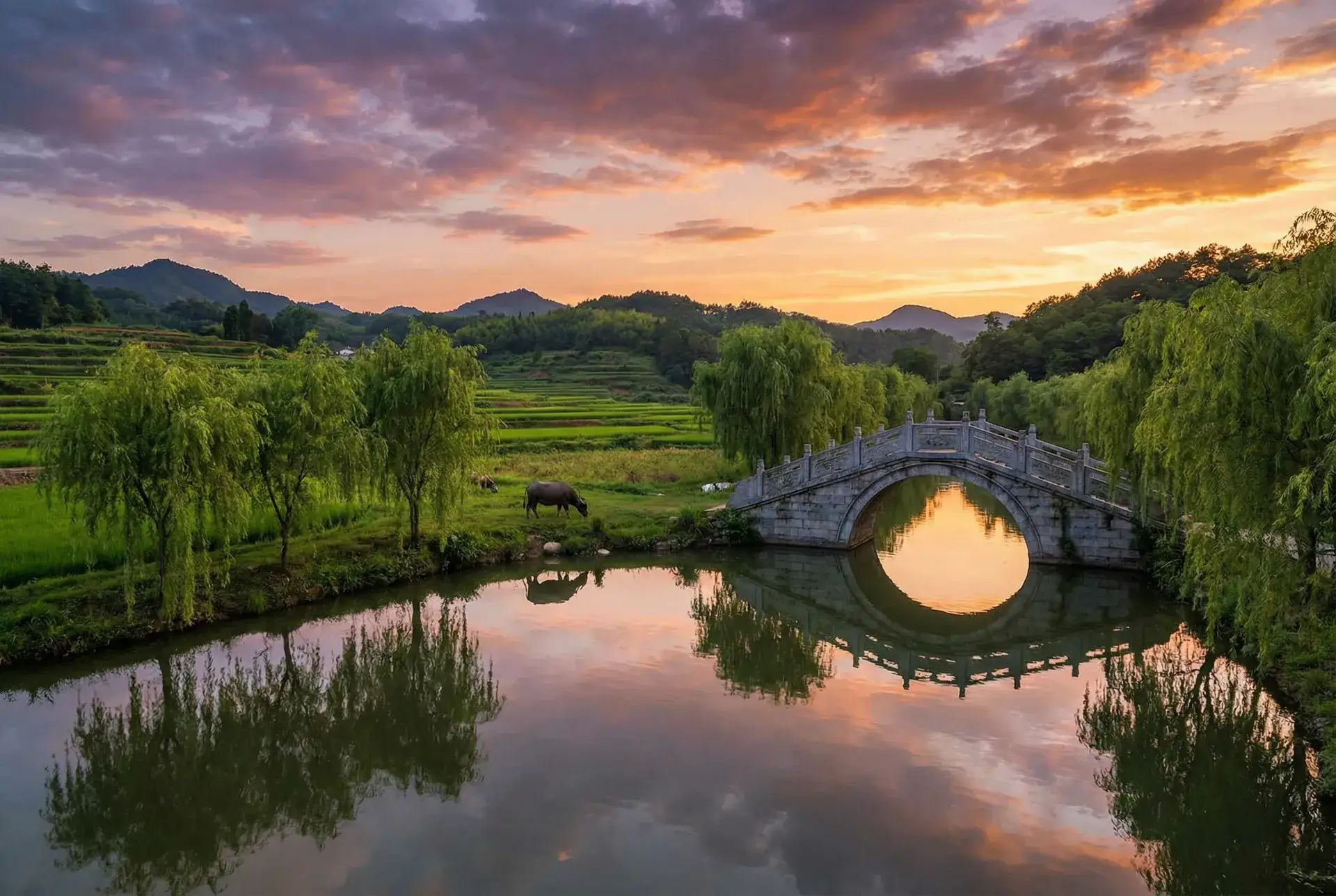 夕阳下的石拱桥与垂柳，水牛在河边吃草 - 《深不可测》双a 乡村美景